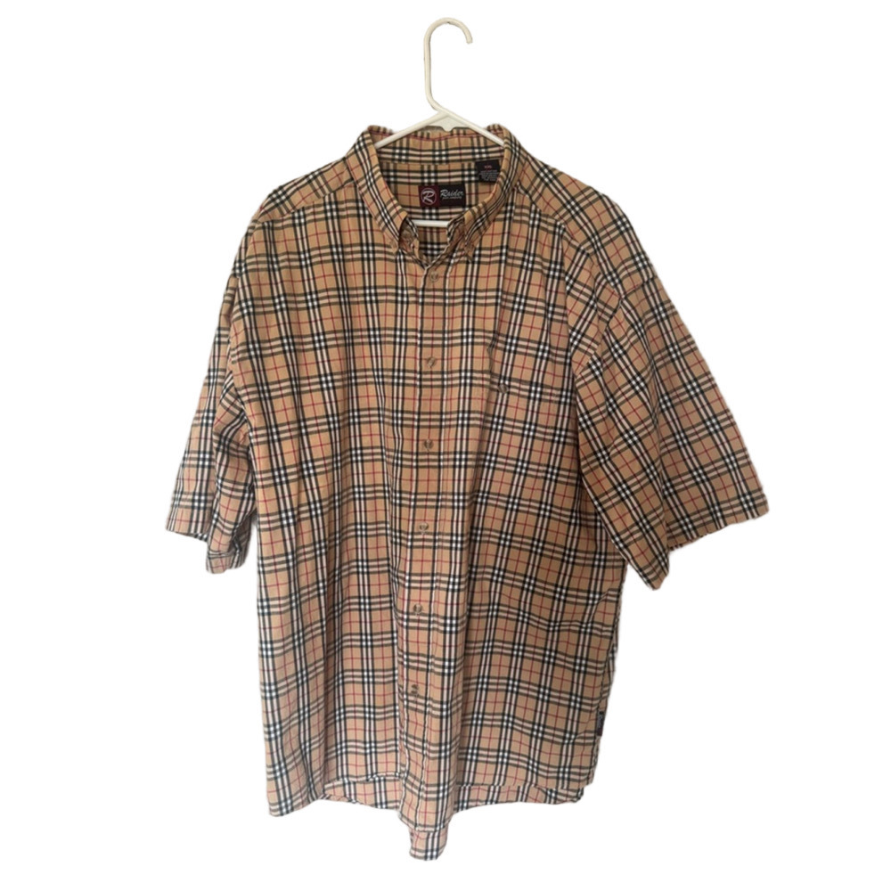 Raider Mens Casual Button Down Shirt XXL Beige Plaid